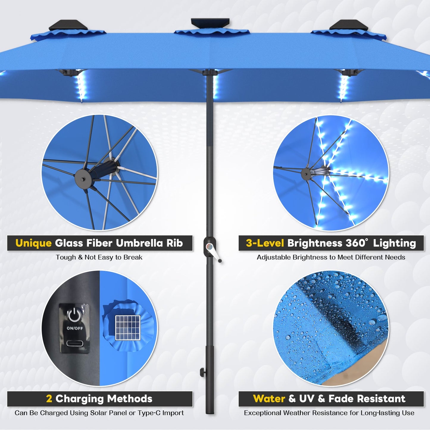 YODOLLA 15ft Patio Umbrella with Solar Lights, Blue