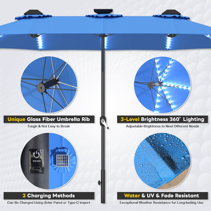 YODOLLA 15ft Patio Umbrella with Solar Lights, Blue