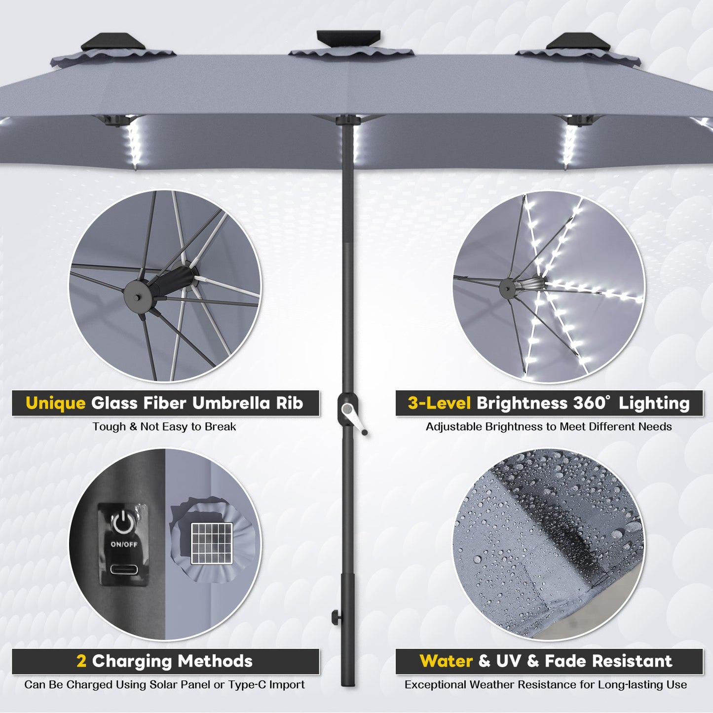 YODOLLA 15ft Patio Umbrella with Solar Lights, Gray