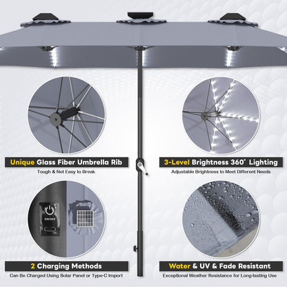 YODOLLA 15ft Patio Umbrella with Solar Lights, Gray
