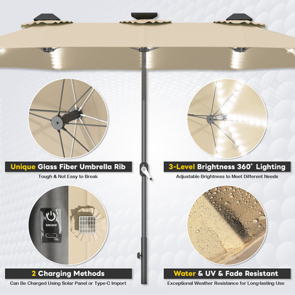YODOLLA 15ft Patio Umbrella with Solar Lights, Beige