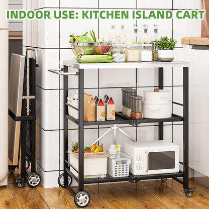 YODOLLA Foldable Stainless Steel Grill Cart Table with Wheels, Silver