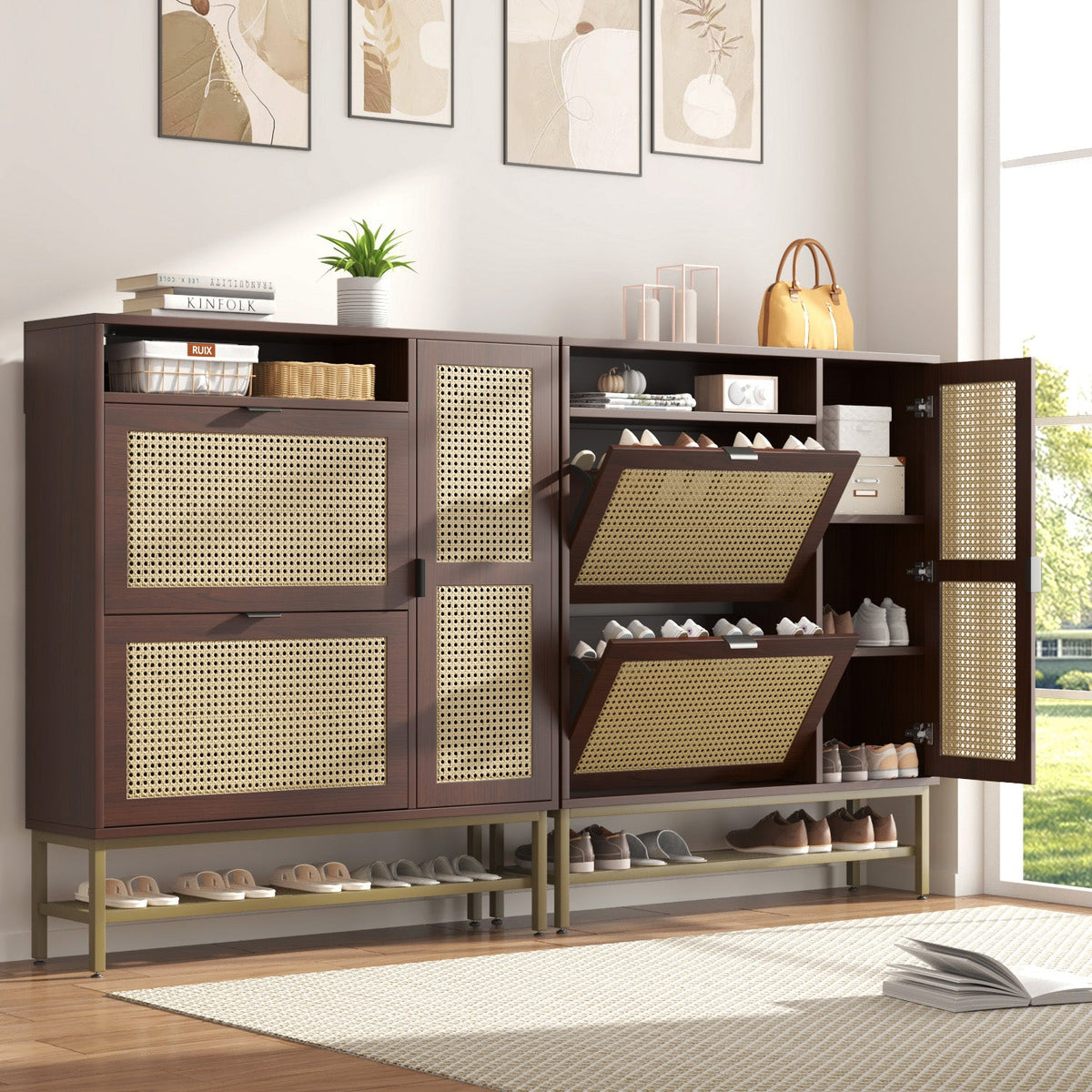 YODOLLA Rattan Shoe Cabinet Storage Organizer with 2 Tilt Drawers Living Room