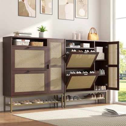 YODOLLA Rattan Shoe Cabinet Storage Organizer with 2 Tilt Drawers Living Room