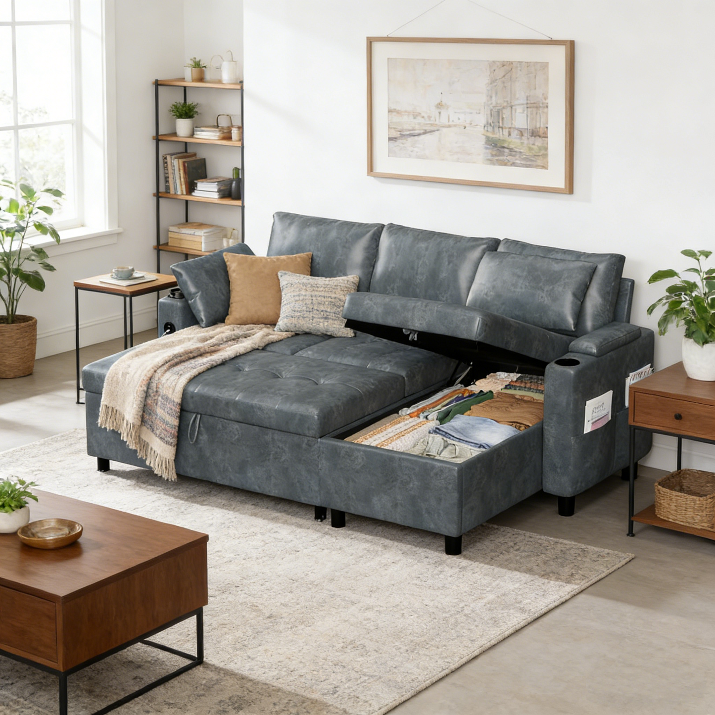 YODOLLA Faux Leather L-Shaped Sleeper Sofa, Pullout Bed, USB & Storage, Blue