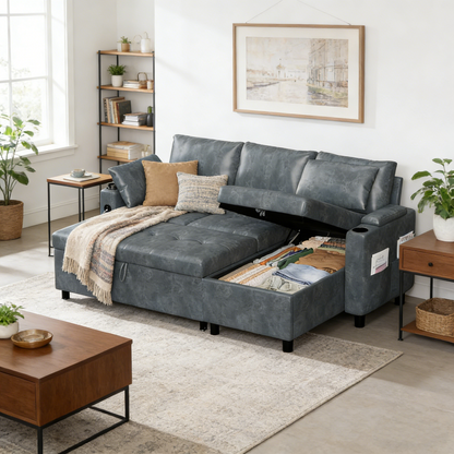 YODOLLA Faux Leather L-Shaped Sleeper Sofa, Pullout Bed, USB & Storage, Blue