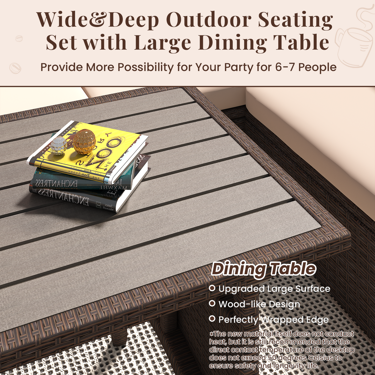 YODOLLA  7-Pc Patio Set, Brown Rattan & Khaki Cushions