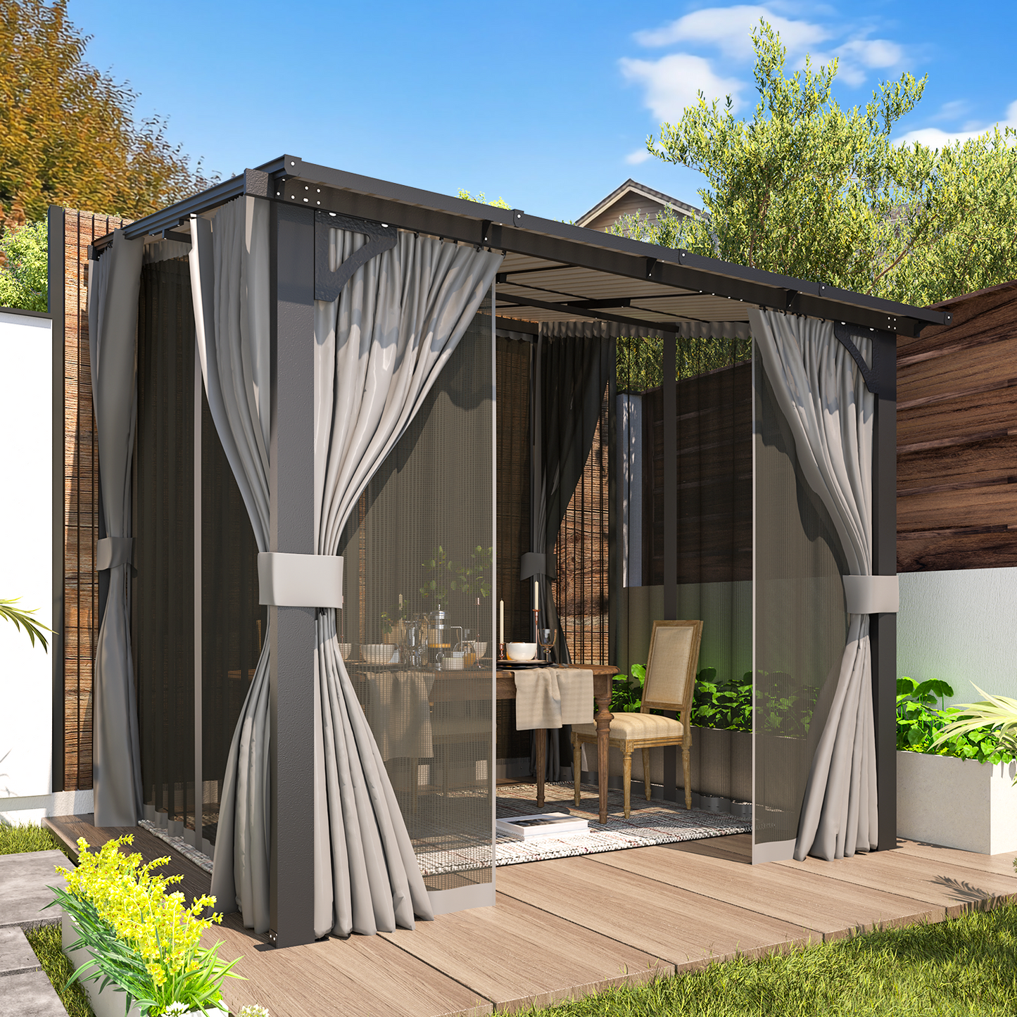 YODOLLA 8' X 8' Wall-Mounted Lean to Pergola Gazebo with Curtains and Netting