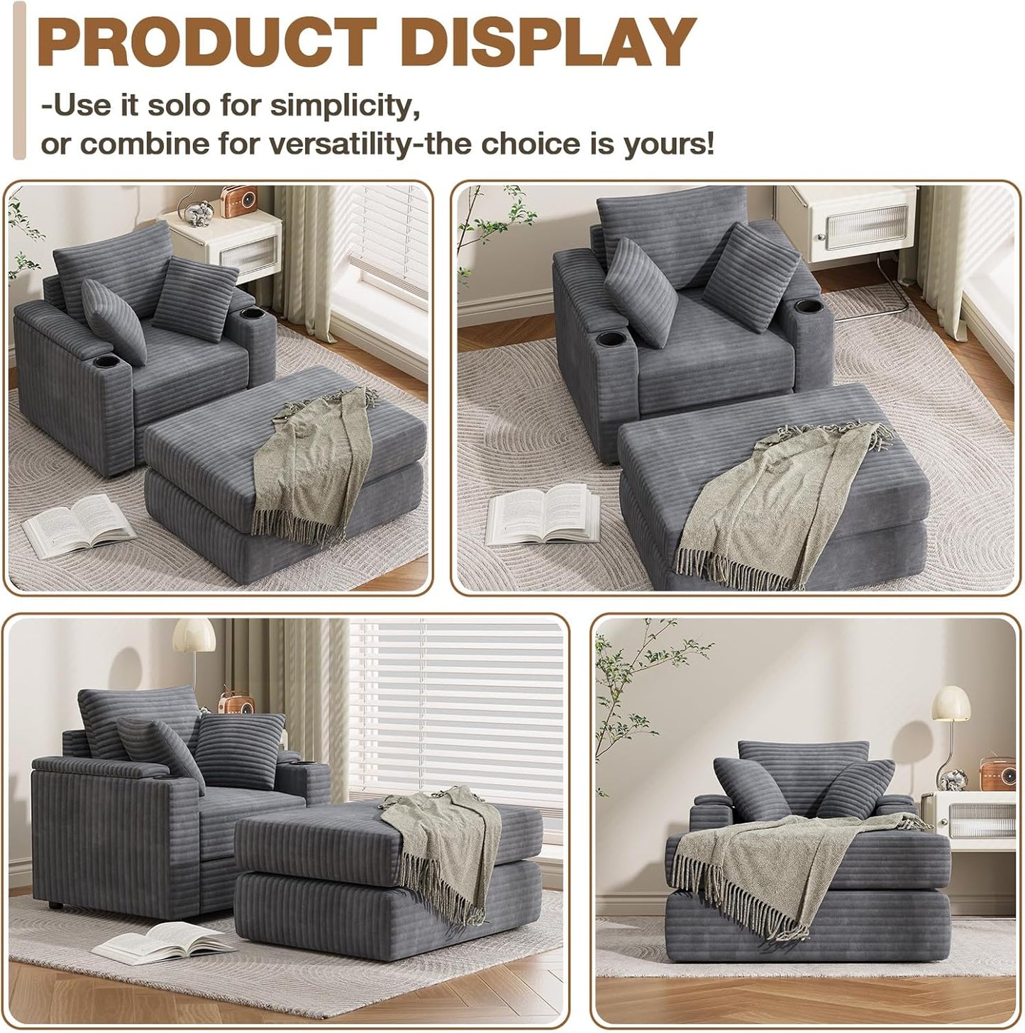 YODOLLA Oversized Chaise Lounge Chair, Lounge Chair Indoor with Ottoman, Grey