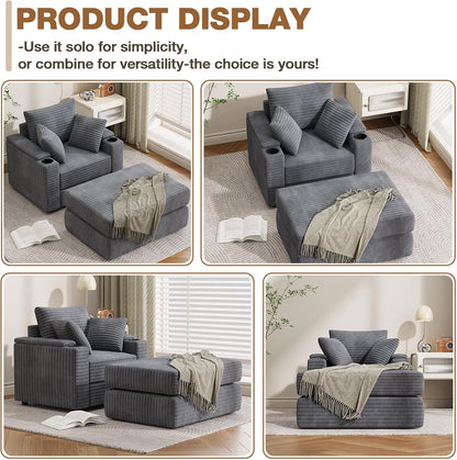 YODOLLA Oversized Chaise Lounge Chair, Lounge Chair Indoor with Ottoman, Grey