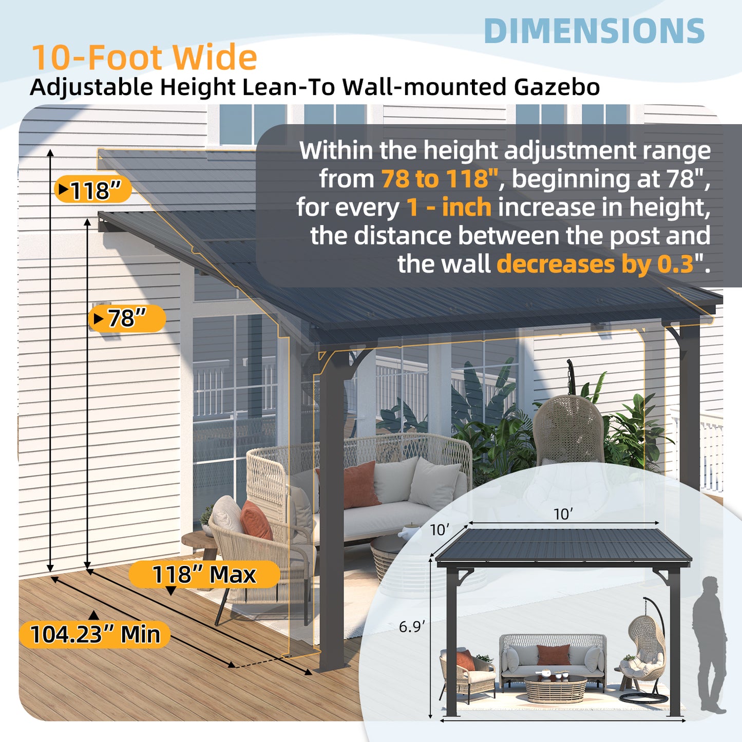 YODOLLA 10x10 Outdoor Hardtop Gazebo Adjustable Height (6.5-9.8Ft) Pergola