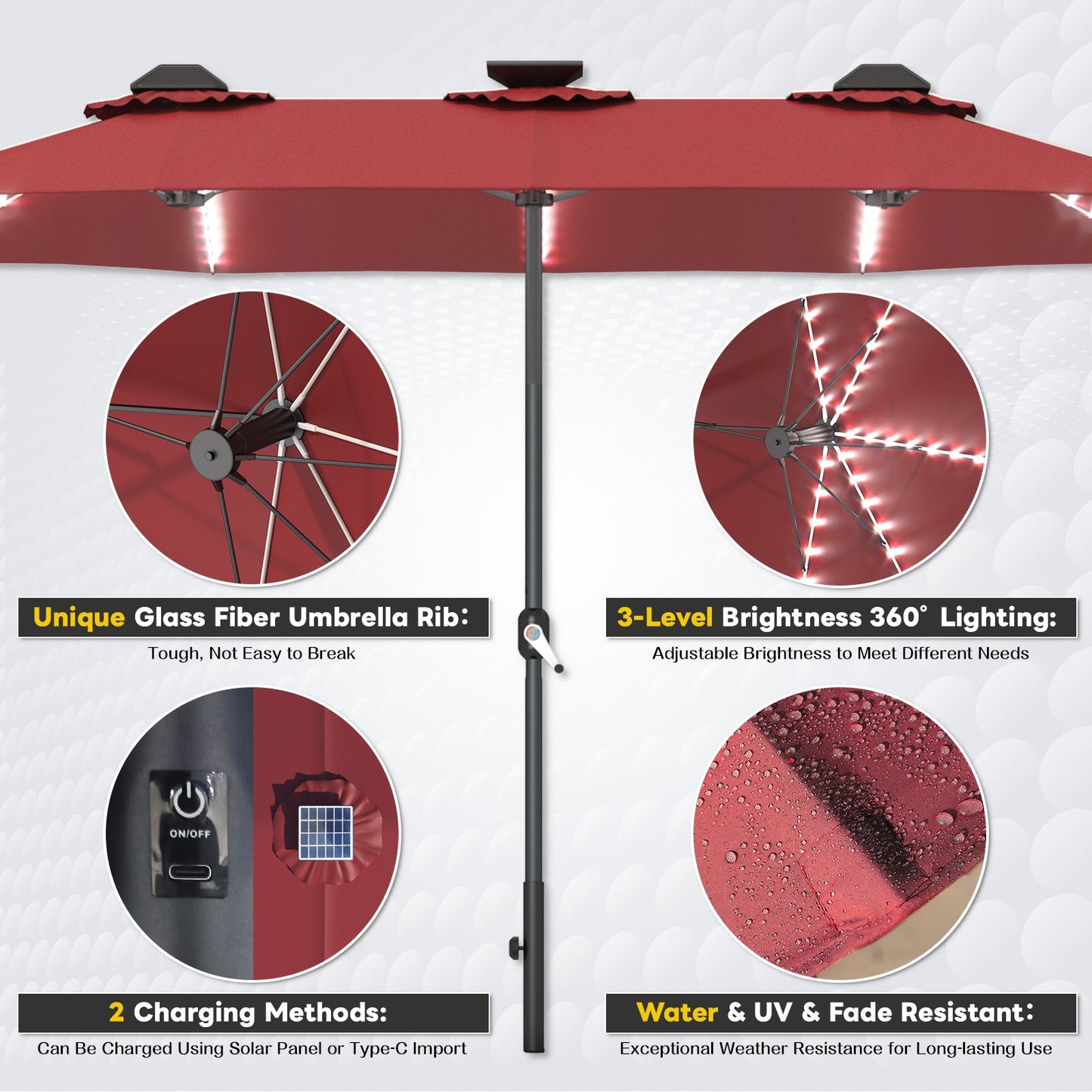 YODOLLA 15ft Patio Umbrella with Solar Lights, Red