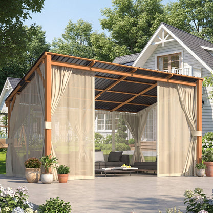 YODOLLA 10x14 Outdoor Wooden Pergola Gazebo with Curtains and Netting for Patio