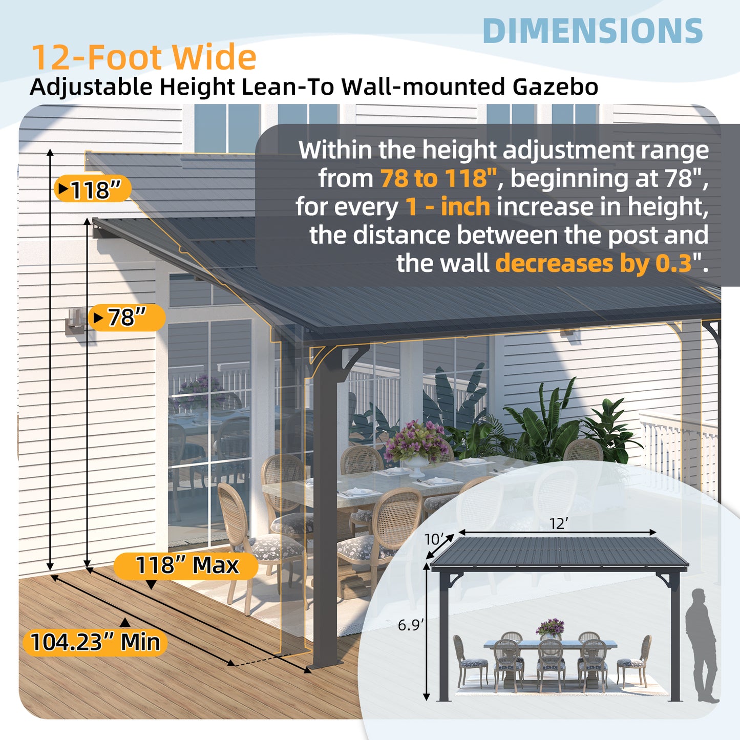 YODOLLA 12x10 Outdoor Hardtop Gazebo Adjustable Height (6.5-9.8Ft) Pergola