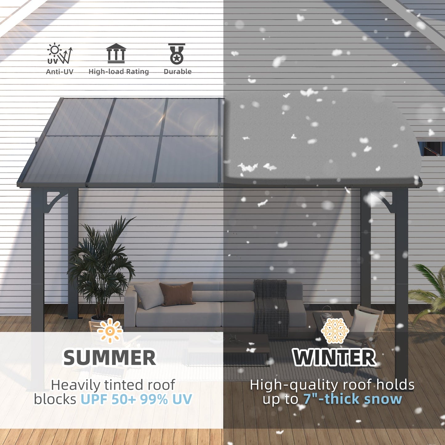 YODOLLA 12' x 8' Hard Top Lean to Gazebo Outdoor Pergola, Dark Gray