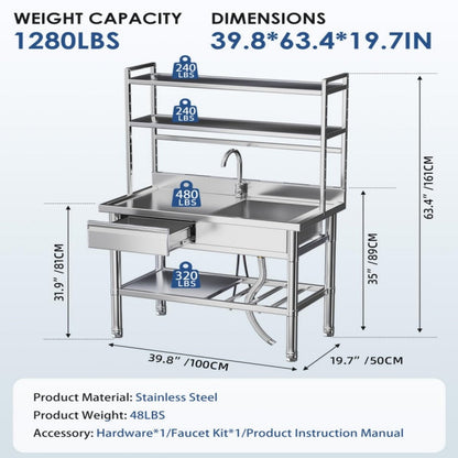YODOLLA Stainless Steel Utility Sink with Shelves, Commercial Kitchen Sink