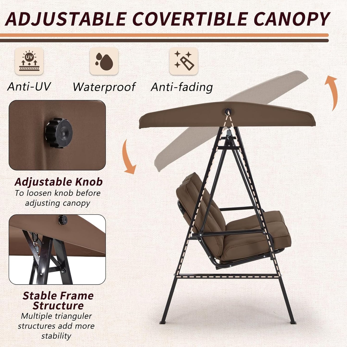 YODOLLA Patio Swing Chair 2-Seat for Adult, Brown