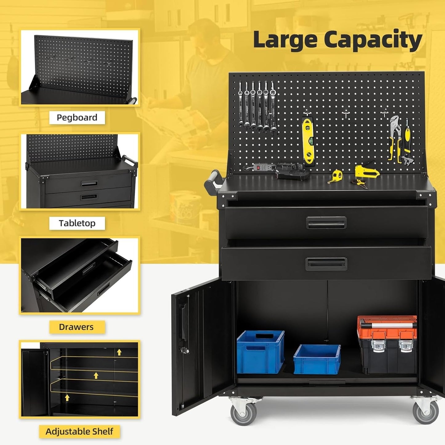 YODOLLA 52'' Work Bench Table for Garage with Pegboard Drawers and Cabinets