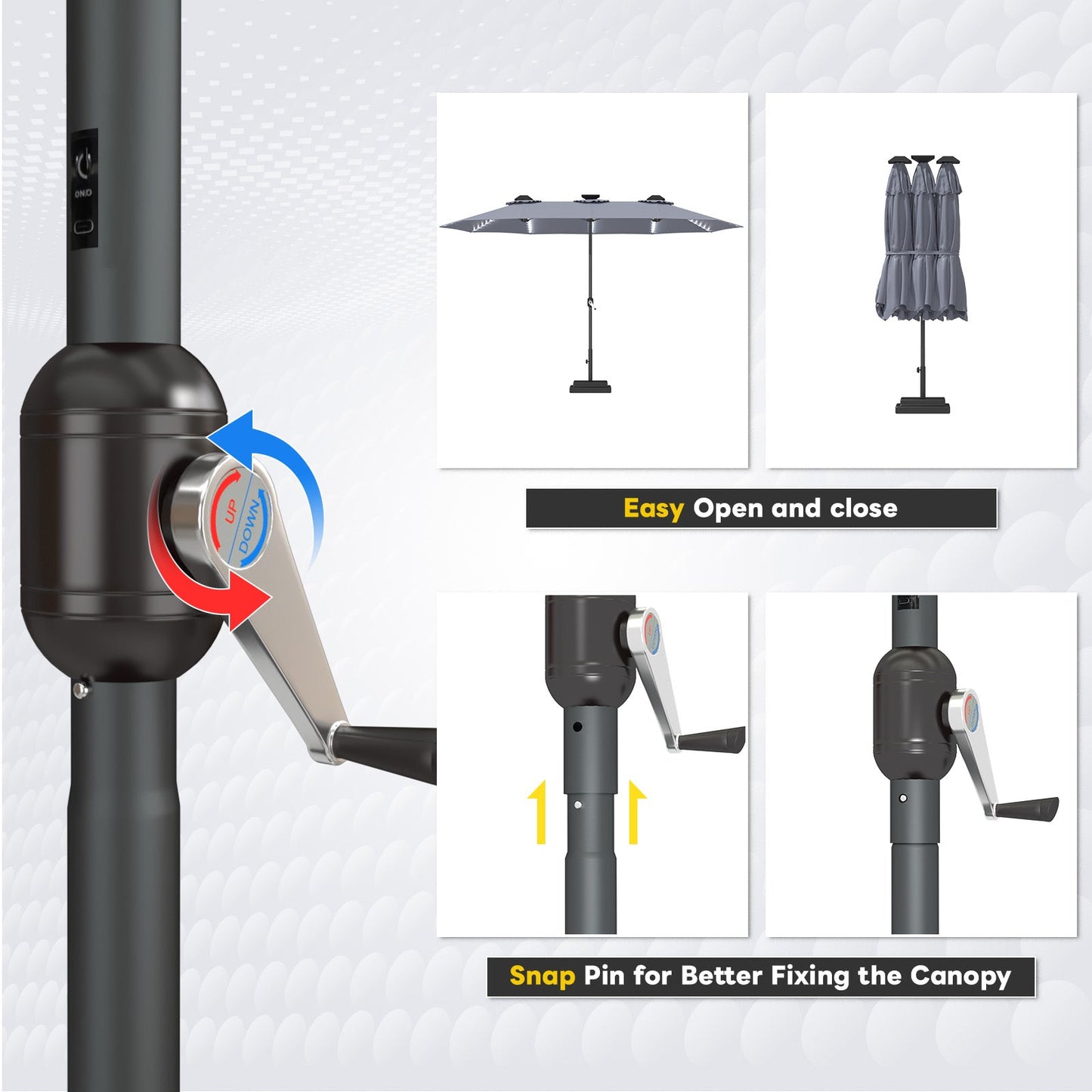 YODOLLA 15ft Patio Umbrella with Solar Lights, Gray