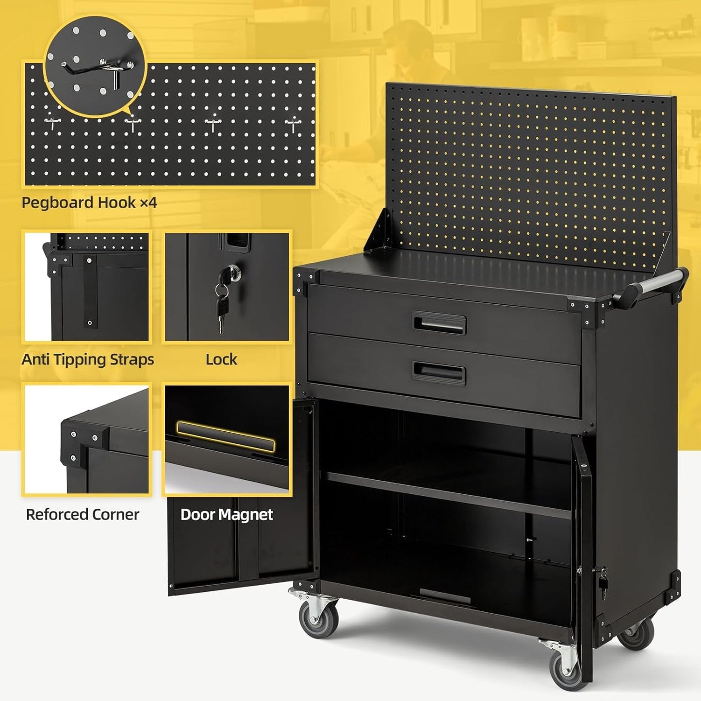 YODOLLA 52'' Work Bench Table for Garage with Pegboard Drawers and Cabinets