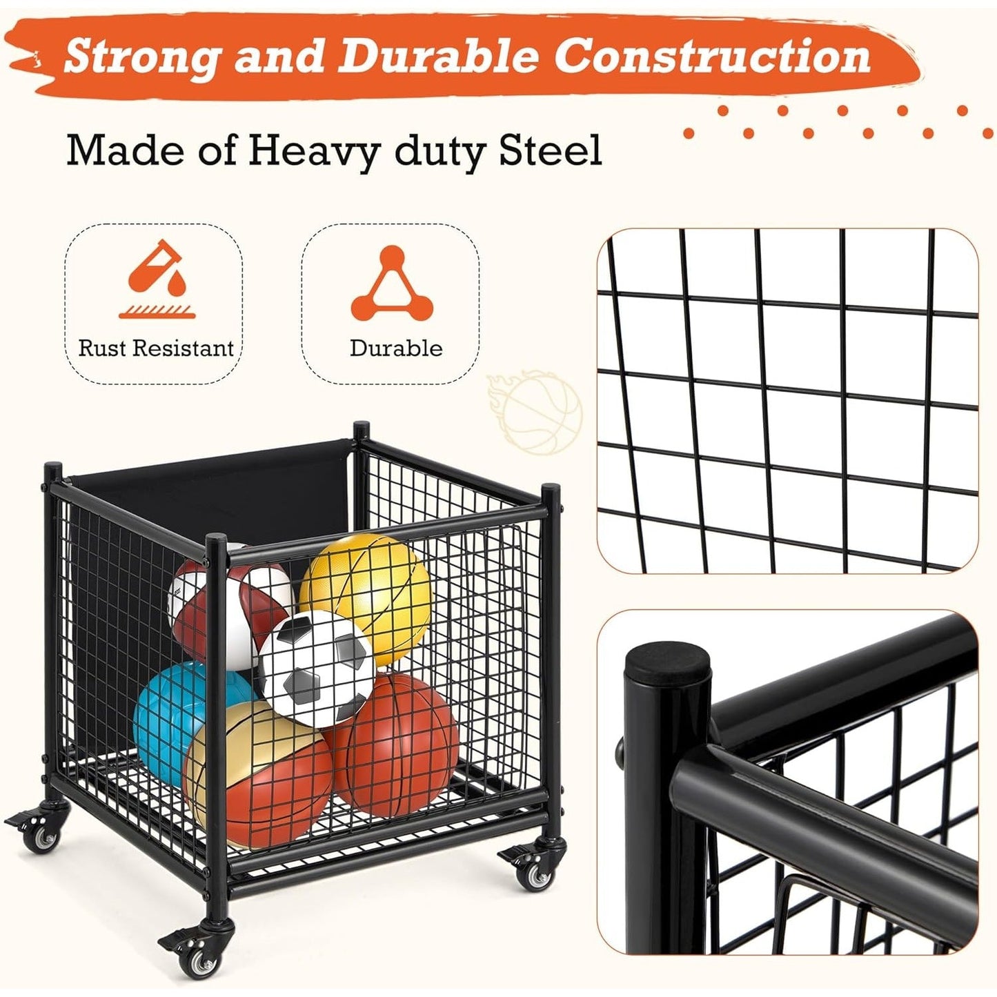 YODOLLA Ball Cart Storage Rolling Basketball Bin with Wheels