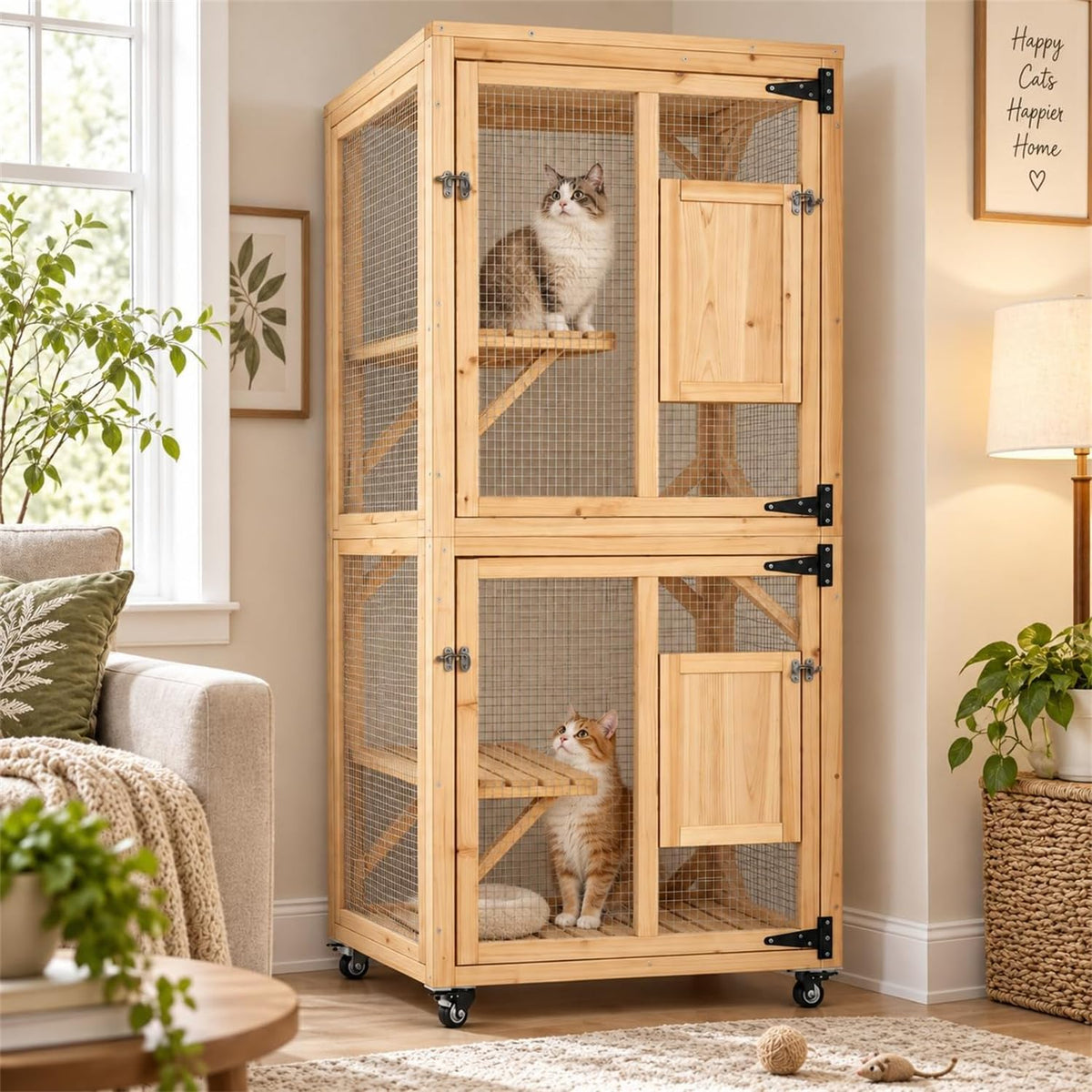YODOLLA 60" Tall Catio Outdoor Cat Enclosure, Wooden Cat House, Natural
