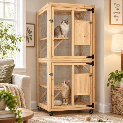 YODOLLA 60" Tall Catio Outdoor Cat Enclosure, Wooden Cat House, Natural