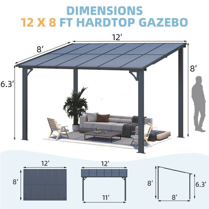 YODOLLA 12' x 8' Hard Top Lean to Gazebo Outdoor Pergola, Dark Gray