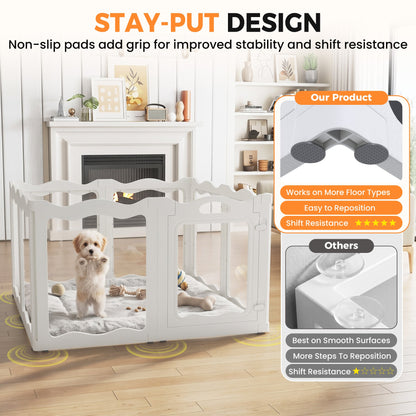 YODOLLA Pet Clear Acrylic Dog Playpen Indoor w/Door, 24" H, 8 Panels, White