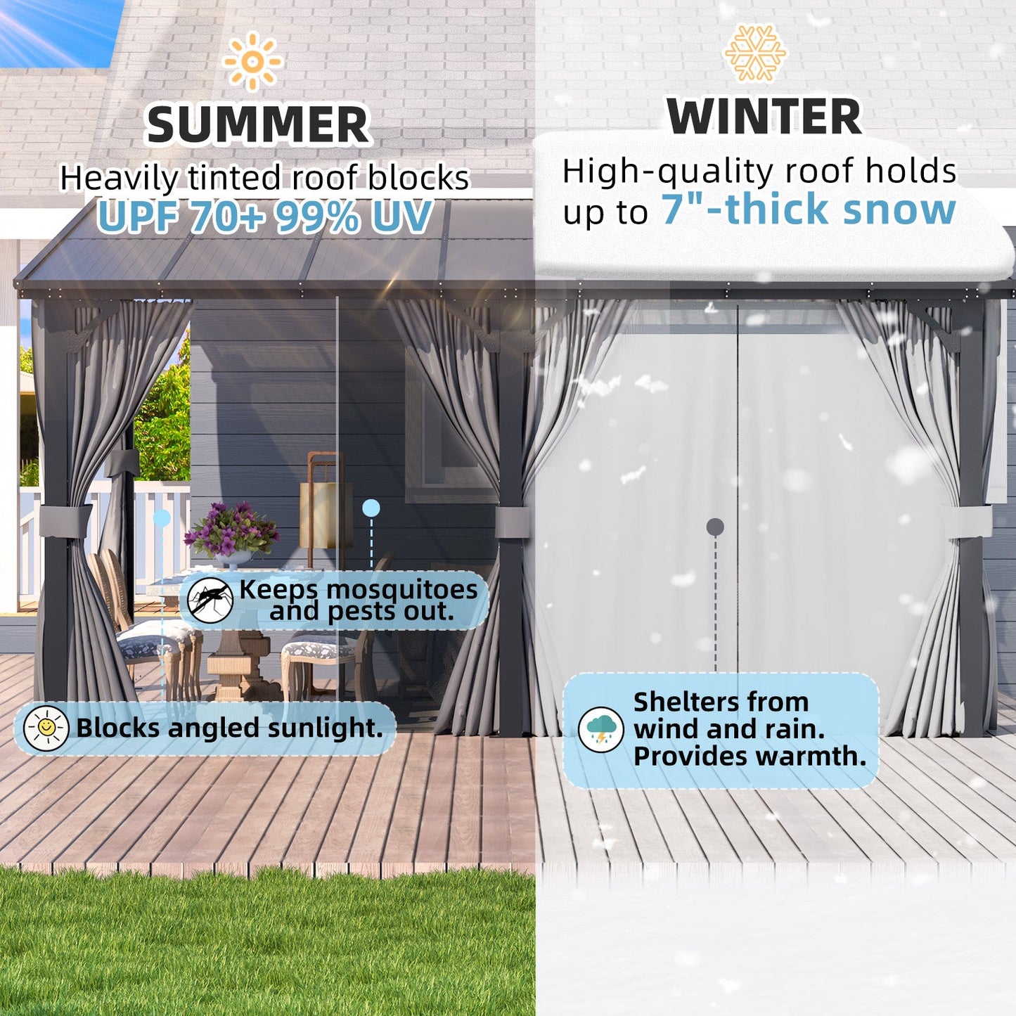 YODOLLA 14’ x 10’ Wall-Mounted Lean to Pergola Gazebo with Curtains and Netting