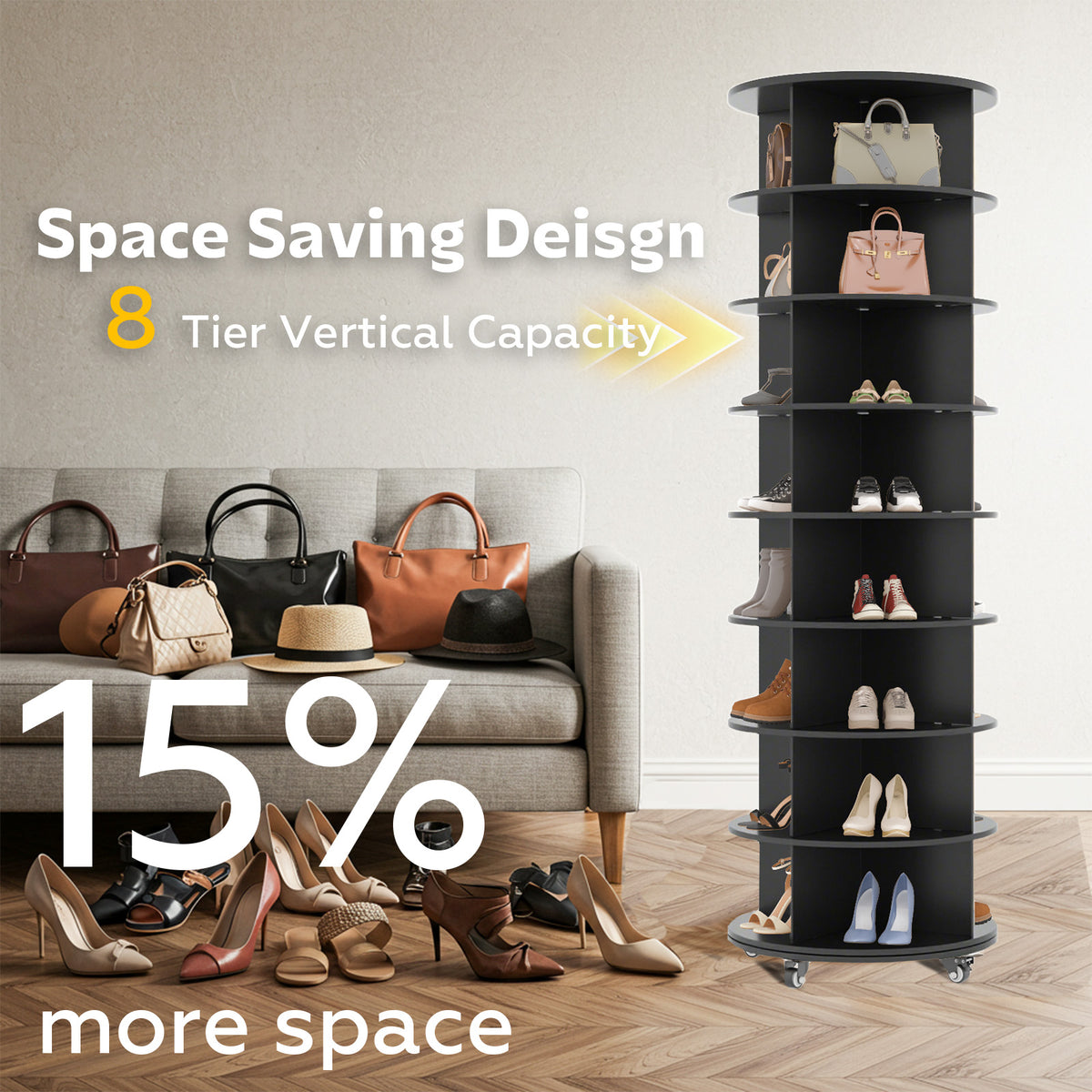 YODOLLA 8 Tier Rotating Shoe Rack, Shoe Tower Organizer Storage with Wheels