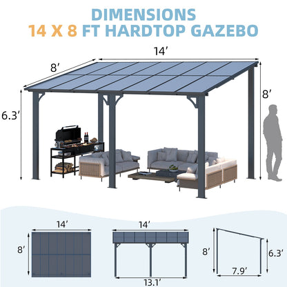 YODOLLA 14' x 8' Hard Top Lean to Gazebo Outdoor Pergola, Dark Gray