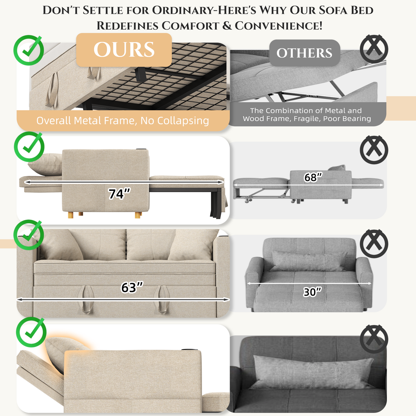 YODOLLA Sleeper Chair Bed, 63" Extra Wide Convertible Sofa Bed for Adults, Beige