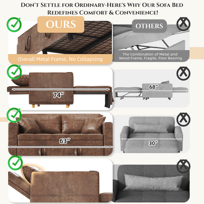 YODOLLA Sleeper Chair Bed, 63" Extra Wide Convertible Sofa Bed for Adults, Brown