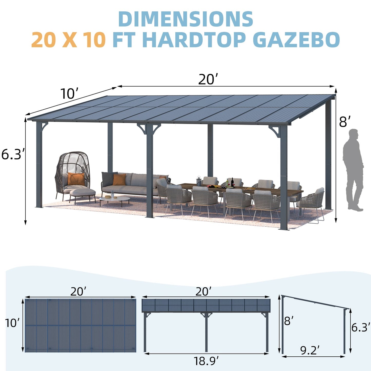 YODOLLA 20' x 10' Gazebo Outdoor Pergola Large Wall-Mounted Hard Top Lean to Metal Gazebo