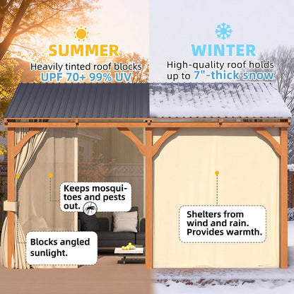 YODOLLA 10x14 Outdoor Wooden Pergola Gazebo with Curtains and Netting for Patio