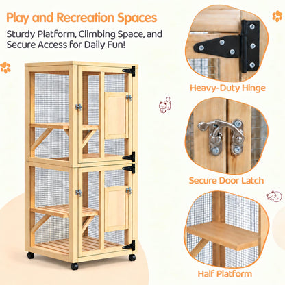 YODOLLA 60" Tall Catio Outdoor Cat Enclosure, Wooden Cat House, Natural