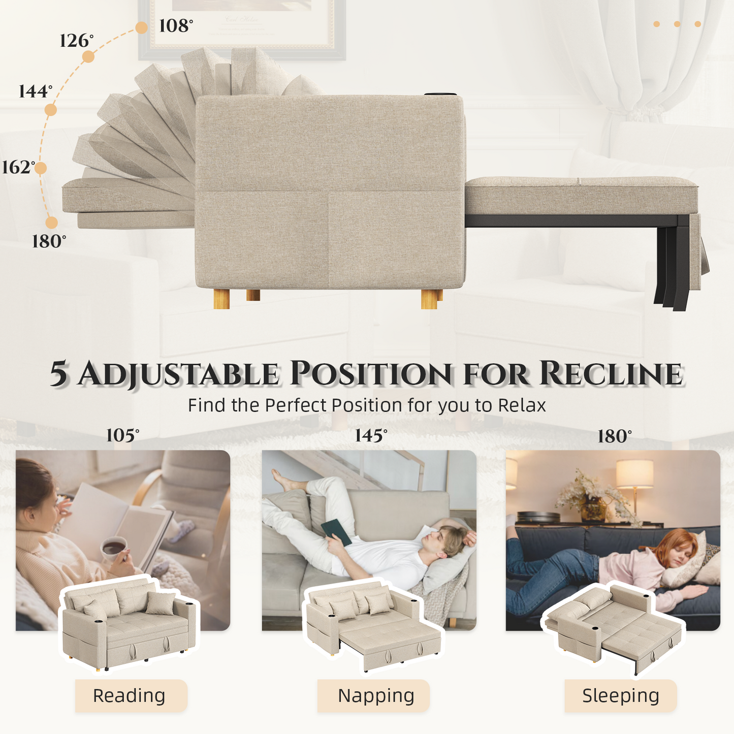YODOLLA Sleeper Chair Bed, 63" Extra Wide Convertible Sofa Bed for Adults, Beige