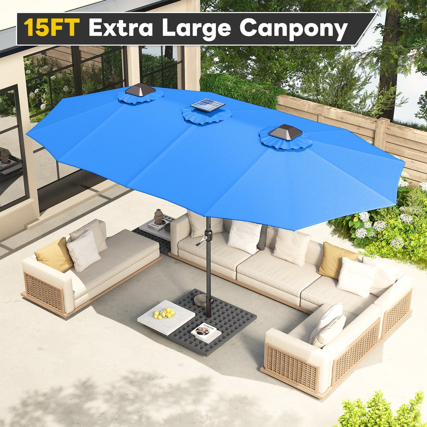 YODOLLA 15ft Patio Umbrella with Solar Lights, Blue