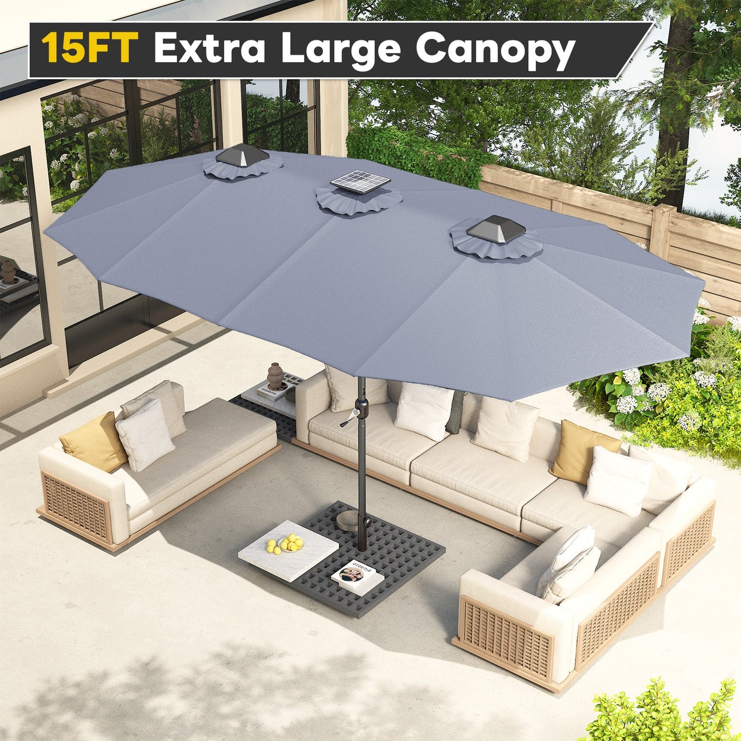 YODOLLA 15ft Patio Umbrella with Solar Lights, Gray