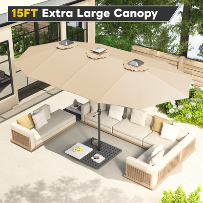 YODOLLA 15ft Patio Umbrella with Solar Lights, Beige