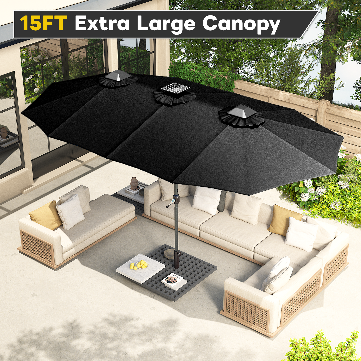 YODOLLA 15ft Patio Umbrella with Solar Lights, Black