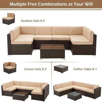 YODOLLA 8 Piece Outdoor Patio Furniture Set with Extra 43 Inch Fire Pit Table, Beige
