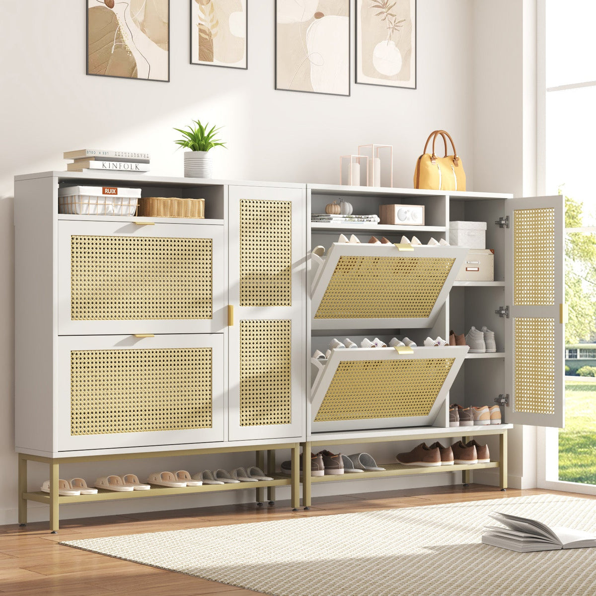YODOLLA Rattan Shoe Cabinet Storage Organizer with 2 Tilt Drawers Living Room