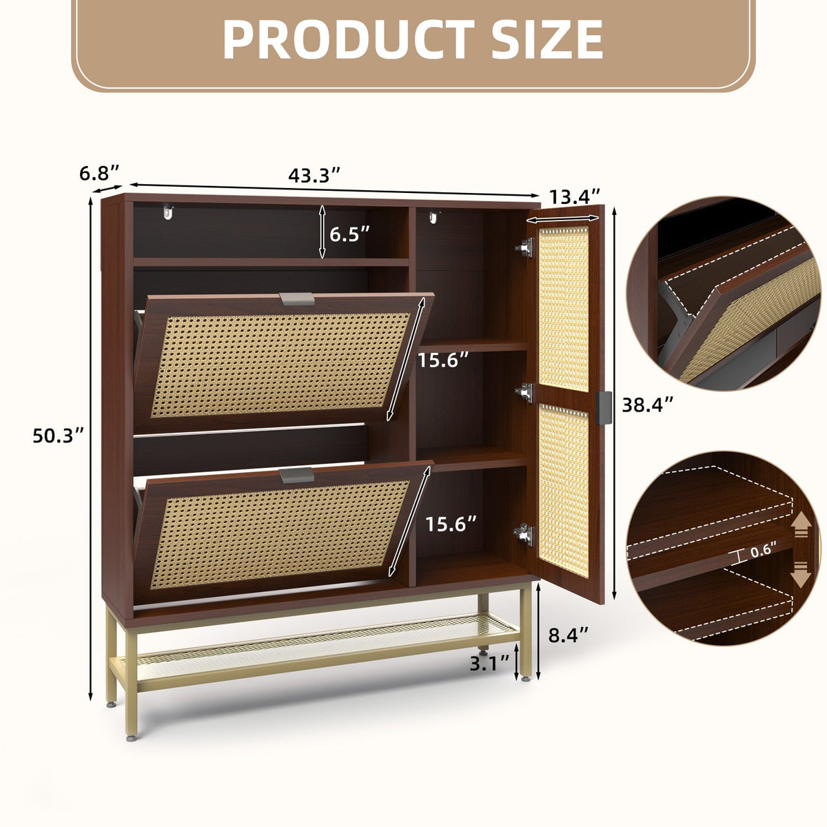 YODOLLA Rattan Shoe Cabinet Storage Organizer with 2 Tilt Drawers Living Room