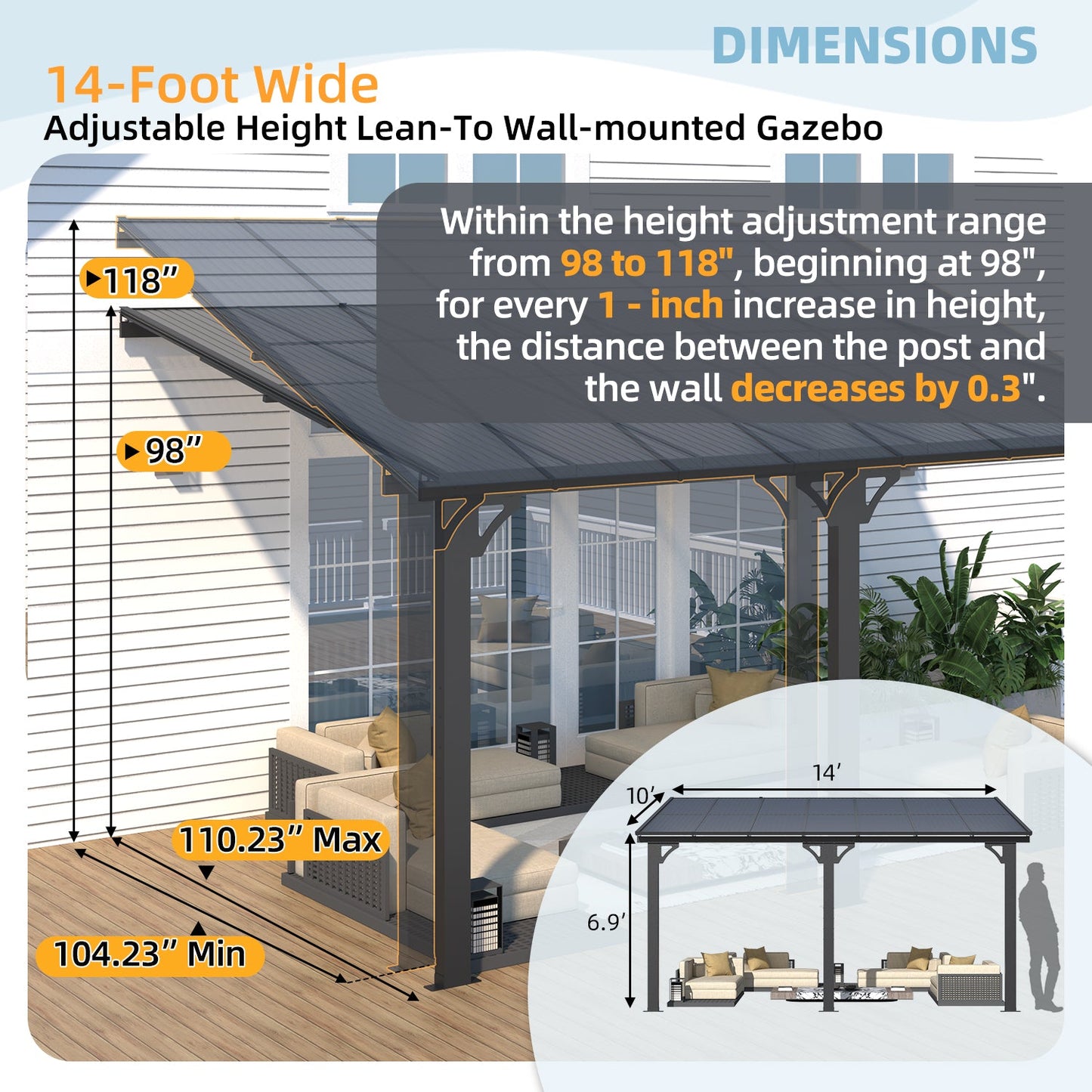 YODOLLA 14' × 10’ Adjustable Height Outdoor Gazebo Pergola for Patio