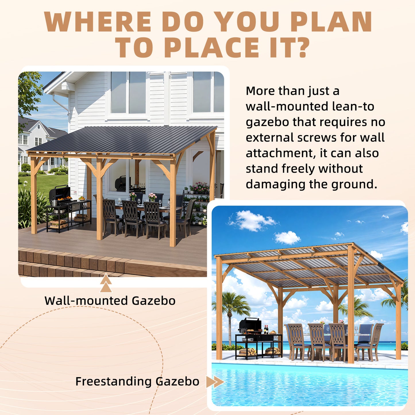 YODOLLA 12' x 10' Outdoor Wood Gazebo Lean to Hardtop Cedar Pergolas