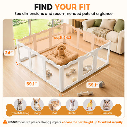 YODOLLA Pet Clear Acrylic Dog Playpen Indoor w/Door, 24" H, 12 Panels, White