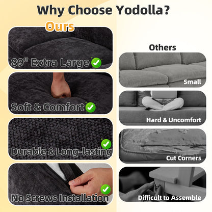 YODOLLA 89" Chenille Sofa, 3-Seater, 2 Removable Pillows, Black
