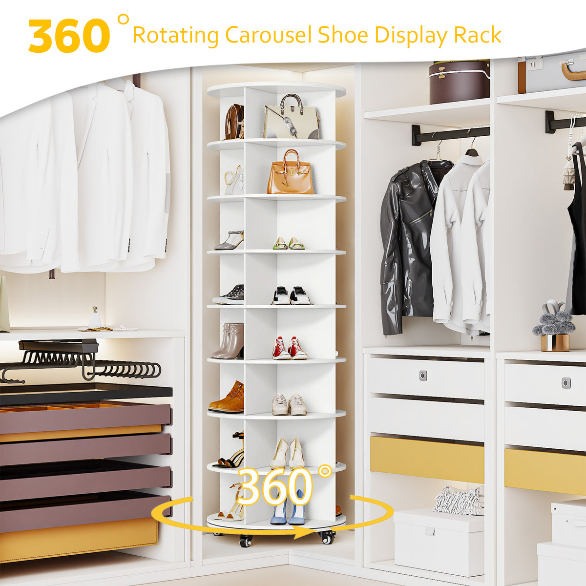 YODOLLA 8 Tier Rotating Shoe Rack, Shoe Tower Organizer Storage with Wheels